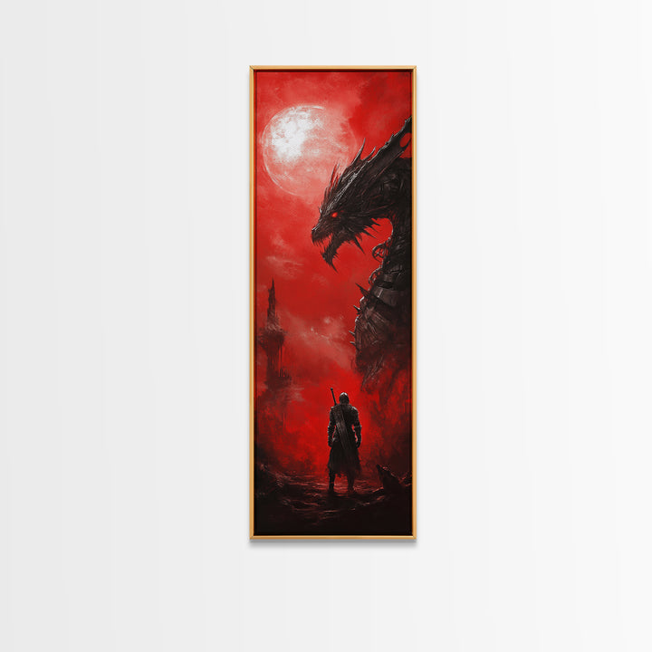 Black Dragon Red Moon Wall Art, Dark Fantasy Canvas Print, Gothic Warrior Decor, Medieval Monster Living Room Artwork Gift