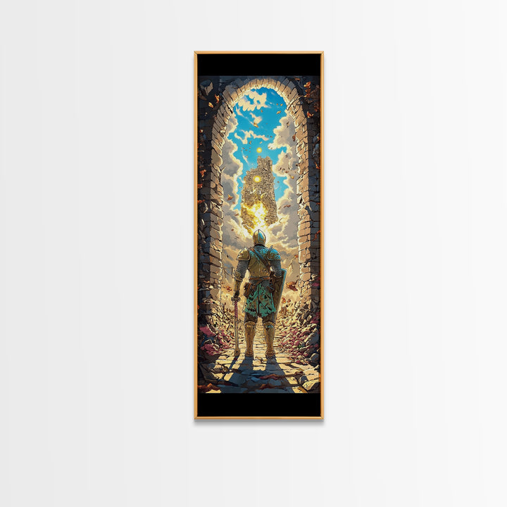 Knight At Golden Portal Framed Canvas Print, Fantasy Castle Wall Art, Medieval Adventure Decor, Magical Entryway Artwork