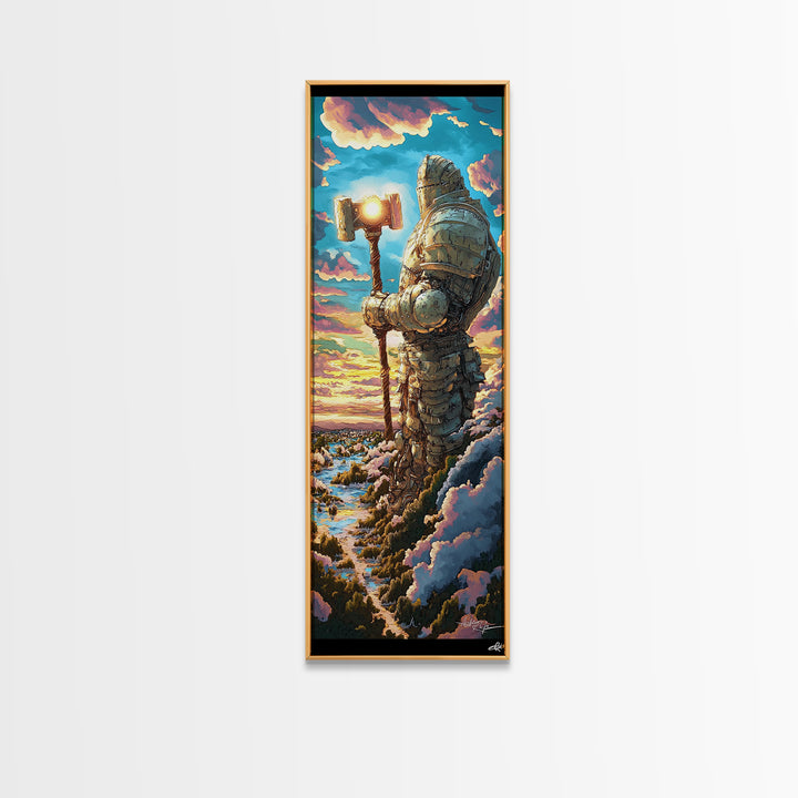 Colossal Stone Knight Canvas Print, Epic Fantasy Guardian Wall Art, Medieval Statue Decor, Sunset Mountain Statement Art