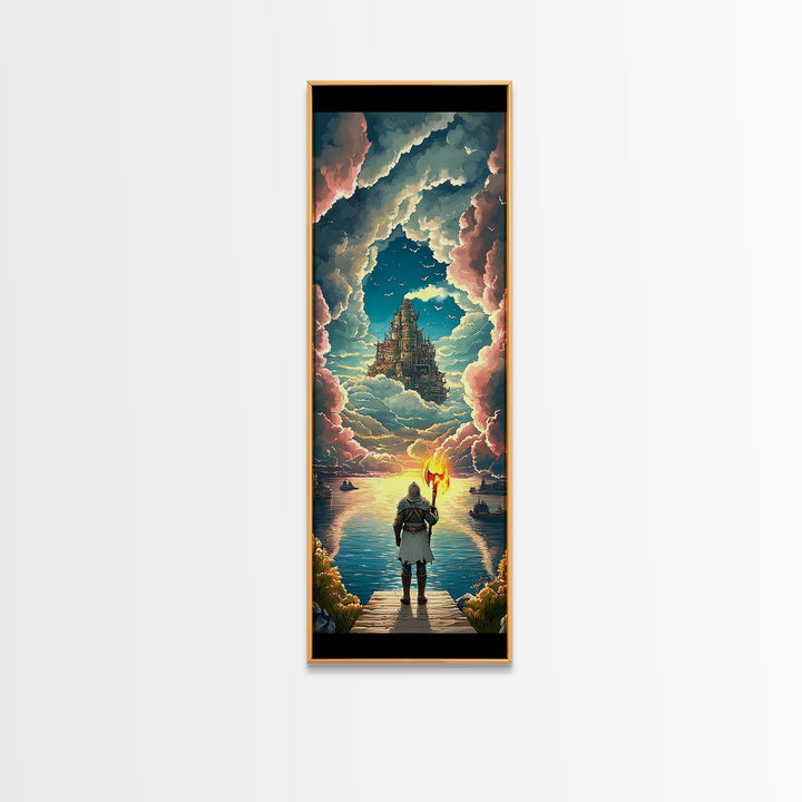 Torch Bearer Floating Castle Canvas Print, Fantasy Sky Portal Wall Art, Medieval Adventure Decor, Magical Lake Artwork Gift