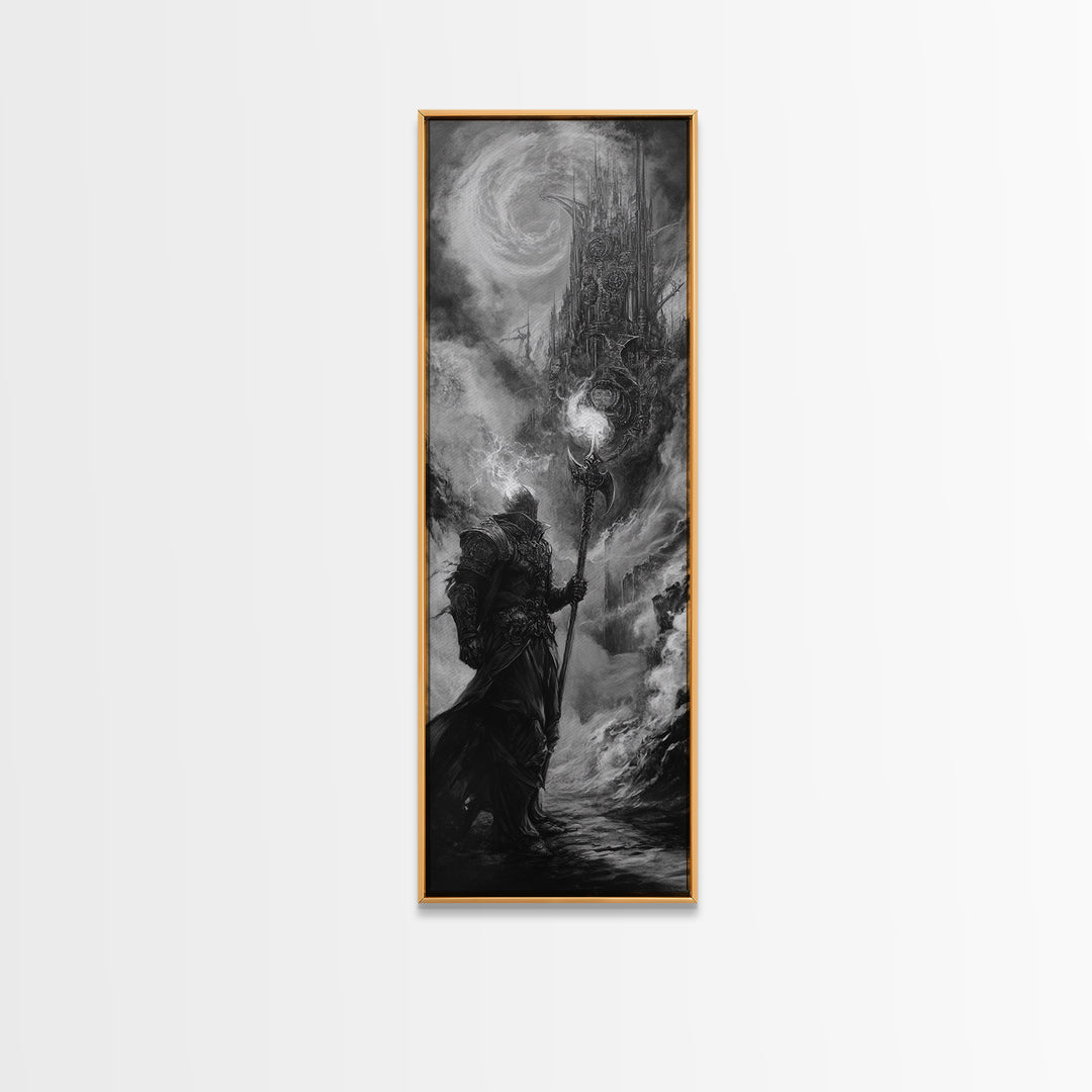 Storm Wizard And Dark Citadel Wall Art, Black And White Fantasy Canvas Print, Gothic Sorcerer Decor, Medieval Office Art