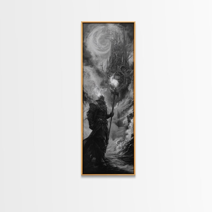 Storm Wizard And Dark Citadel Wall Art, Black And White Fantasy Canvas Print, Gothic Sorcerer Decor, Medieval Office Art