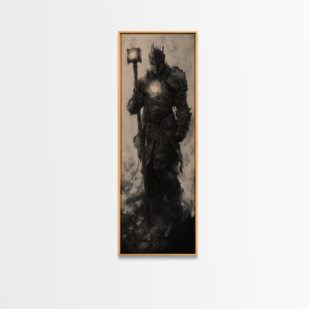Dark Armored Knight With Glowing Lantern, Gothic Fantasy Wall Art, Black And White Medieval Canvas, Dark Academia Decor Print