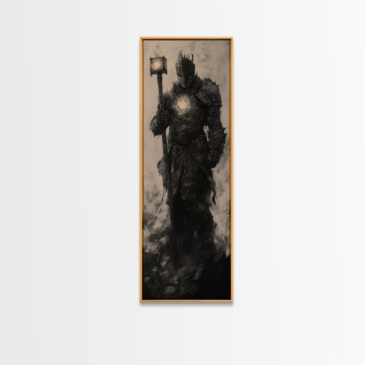 Dark Armored Knight With Glowing Lantern, Gothic Fantasy Wall Art, Black And White Medieval Canvas, Dark Academia Decor Print