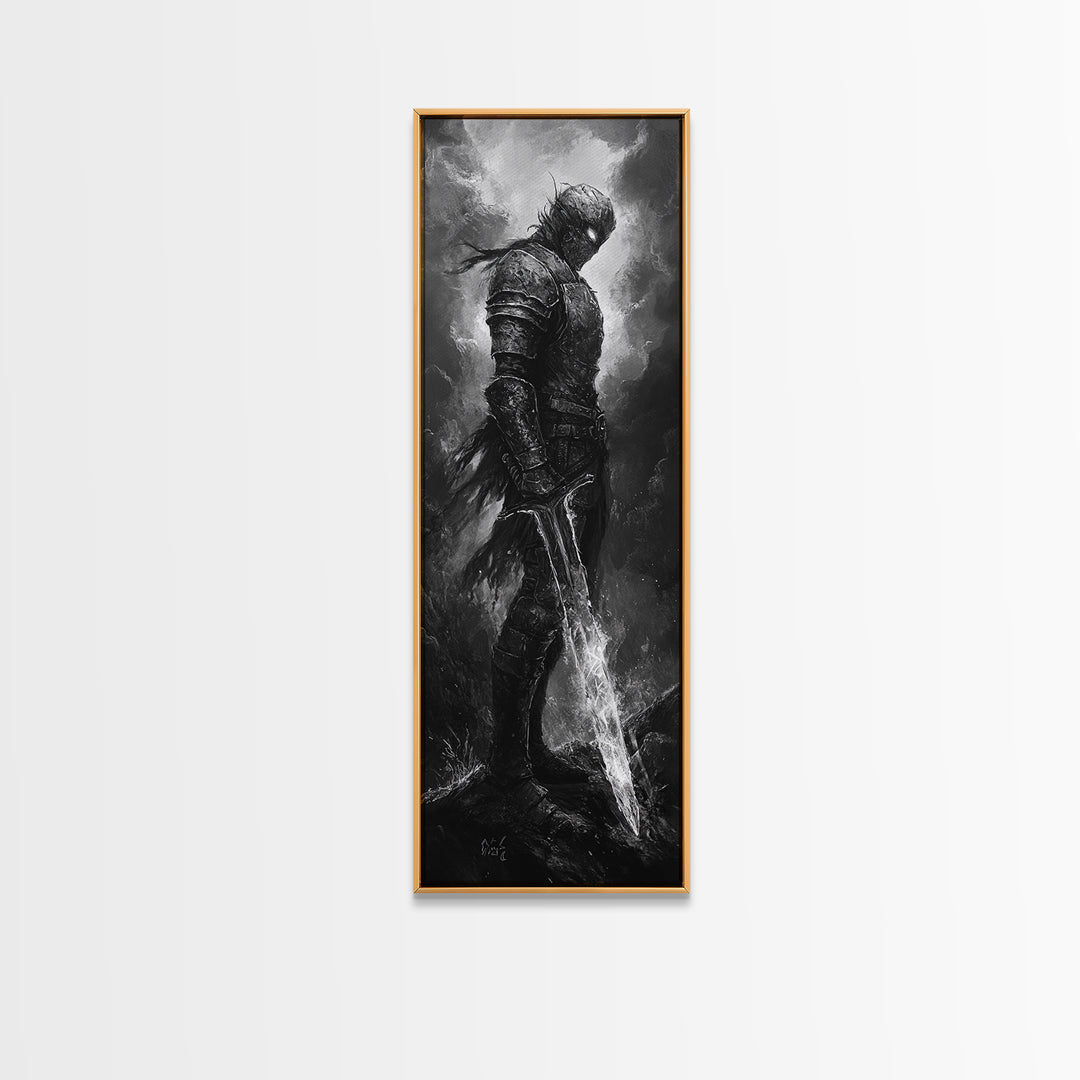 Storm Worn Dark Knight With Lightning Sword, Black And White Canvas Print, Gothic Fantasy Wall Art, Moody Medieval Decor