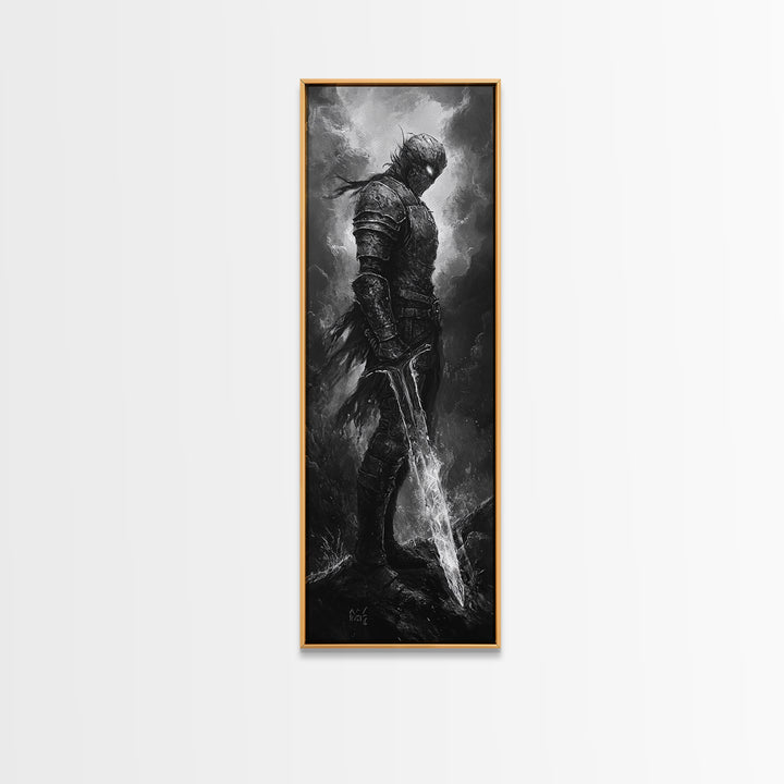 Storm Worn Dark Knight With Lightning Sword, Black And White Canvas Print, Gothic Fantasy Wall Art, Moody Medieval Decor
