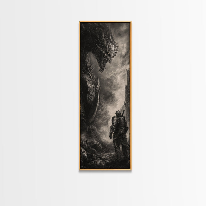 Lone Knight Facing Ancient Dragon In Ruins, Dark Fantasy Wall Art, Black And White Medieval Canvas, Gothic Office Decor Print
