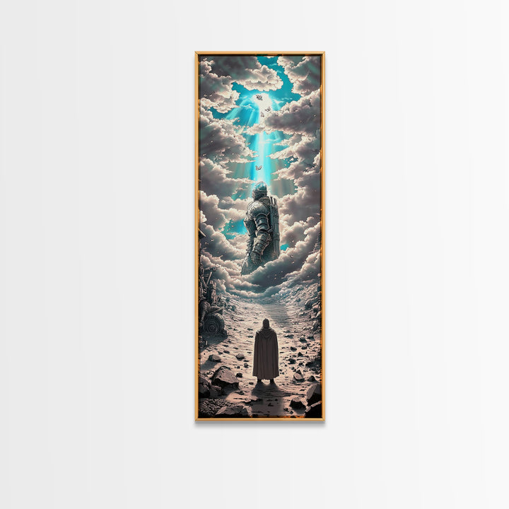 Floating Armored Knight Ascending Through Clouds, Celestial Fantasy Framed Canvas Print, Surreal Wall Art, Dreamy Room Decor