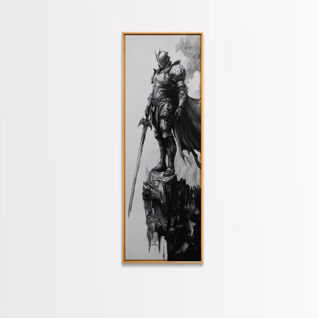 Skeletal Knight On Crumbling Cliff With Long Sword, Black And White Wall Art, Gothic Fantasy Canvas Print, Dark Medieval Decor
