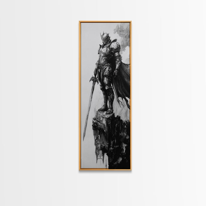 Skeletal Knight On Crumbling Cliff With Long Sword, Black And White Wall Art, Gothic Fantasy Canvas Print, Dark Medieval Decor
