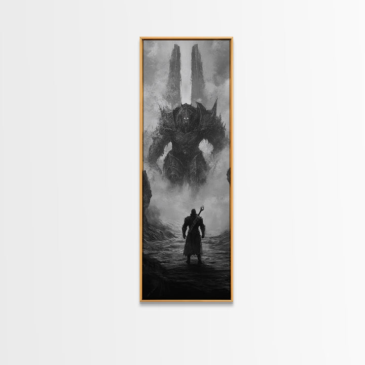 Warrior Facing Misty Armored Colossus, Dark Fantasy Wall Art, Black And White Framed Canvas Print, Epic Game Room Decor Gift