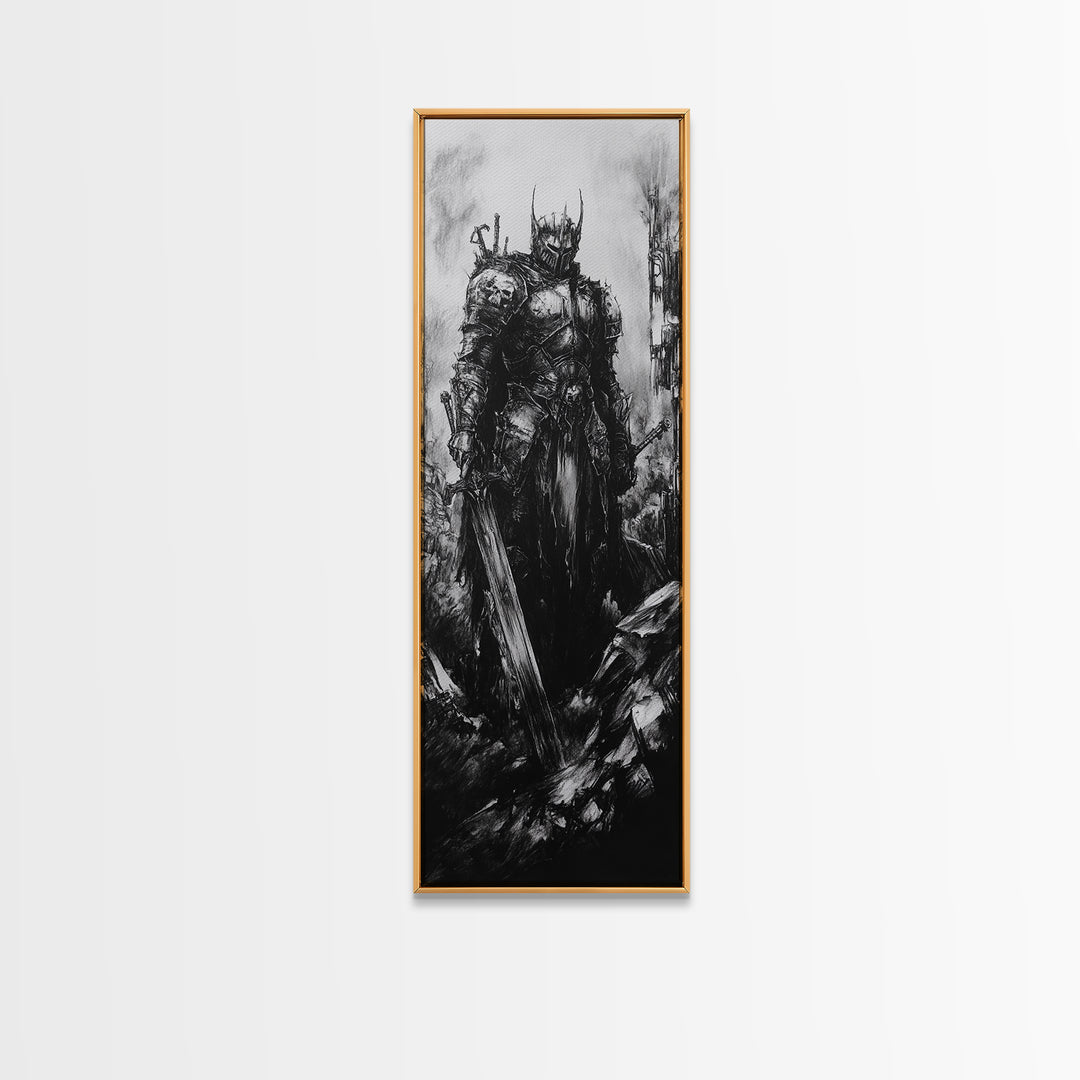 Crowned Dark Knight With Massive Sword In Ruins, Gothic Fantasy Canvas Print, Black And White Wall Art, Dark Academia Decor