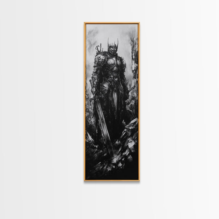 Crowned Dark Knight With Massive Sword In Ruins, Gothic Fantasy Canvas Print, Black And White Wall Art, Dark Academia Decor