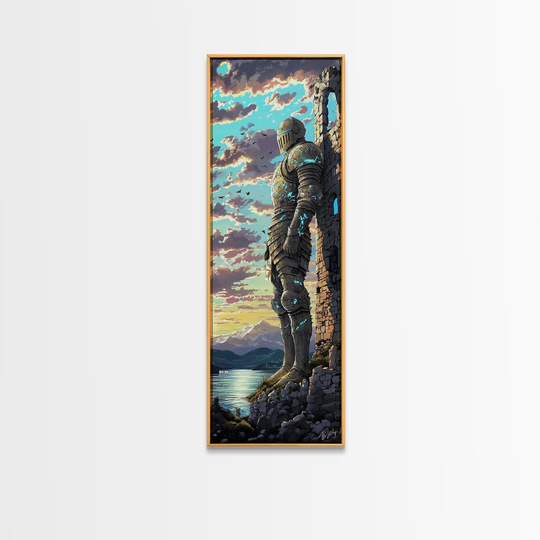 Blue Armored Knight Beside Castle At Lakeside Sunset, Medieval Fantasy Framed Canvas Print, Coastal Wall Art, Home Decor