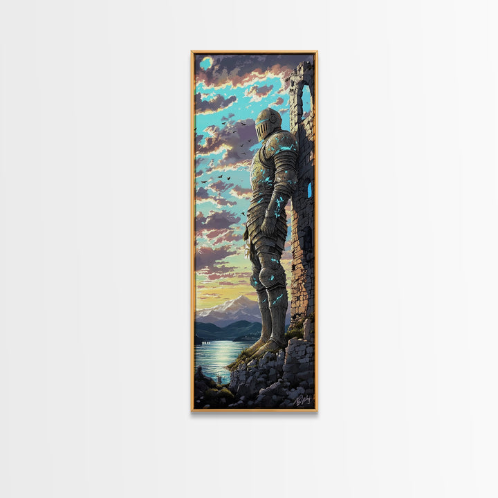 Blue Armored Knight Beside Castle At Lakeside Sunset, Medieval Fantasy Framed Canvas Print, Coastal Wall Art, Home Decor