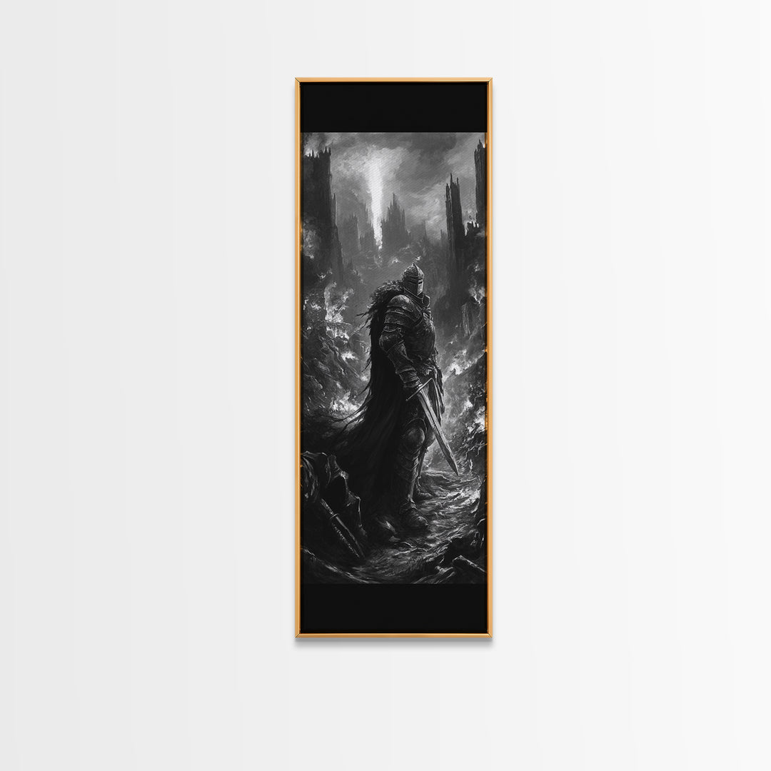 Dark Armored Knight In Ruined Gothic Valley Wall Art, Black And White Fantasy Art, Dark Academia Decor, Gothic Wall Decor