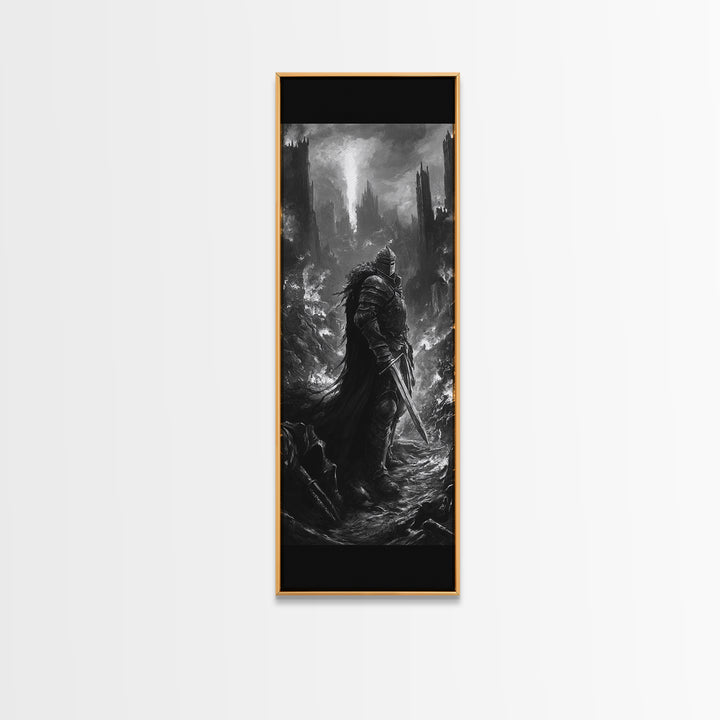Dark Armored Knight In Ruined Gothic Valley Wall Art, Black And White Fantasy Art, Dark Academia Decor, Gothic Wall Decor