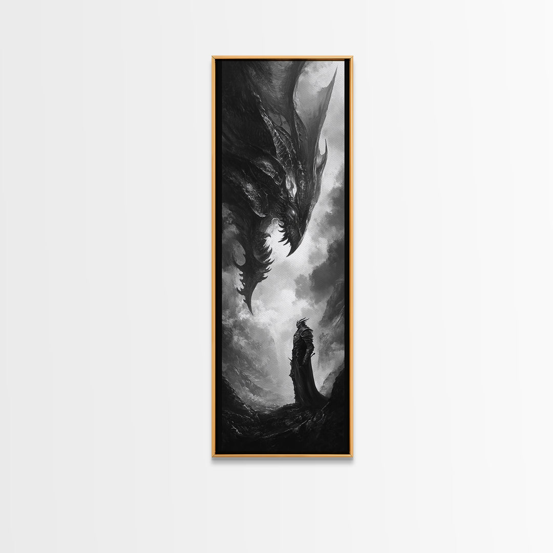 Monochrome Dragon And Lone Knight Wall Art, Dark Fantasy Art Print, Gothic Wall Decor, Black And White Art, Gamer Room Decor