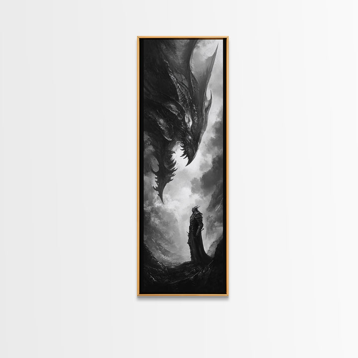 Monochrome Dragon And Lone Knight Wall Art, Dark Fantasy Art Print, Gothic Wall Decor, Black And White Art, Gamer Room Decor