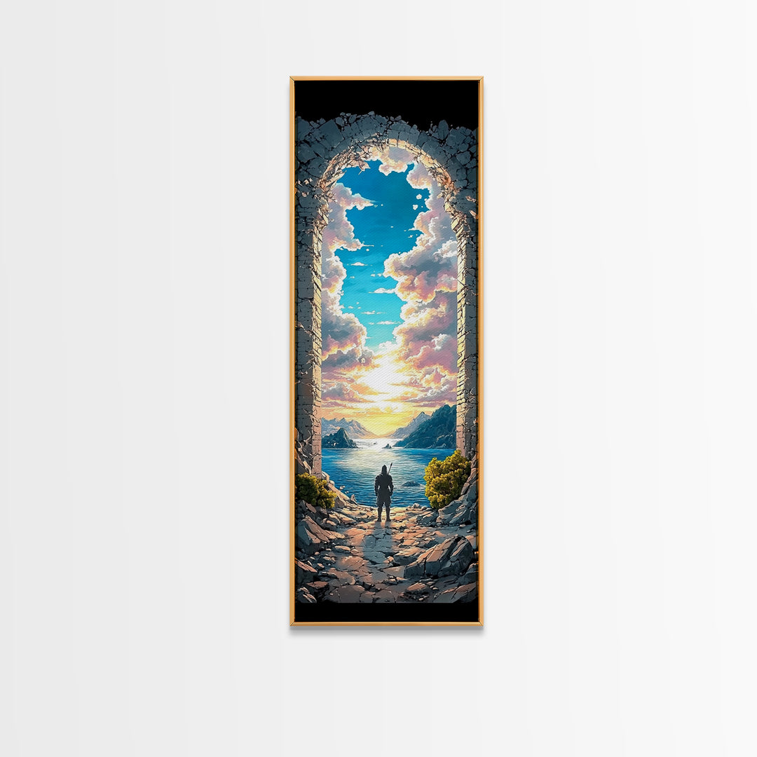 Ancient Stone Arch Opening To Sunlit Sea Wall Art, Fantasy Landscape Print, Coastal Decor, Living Room Wall Art Gift For Her