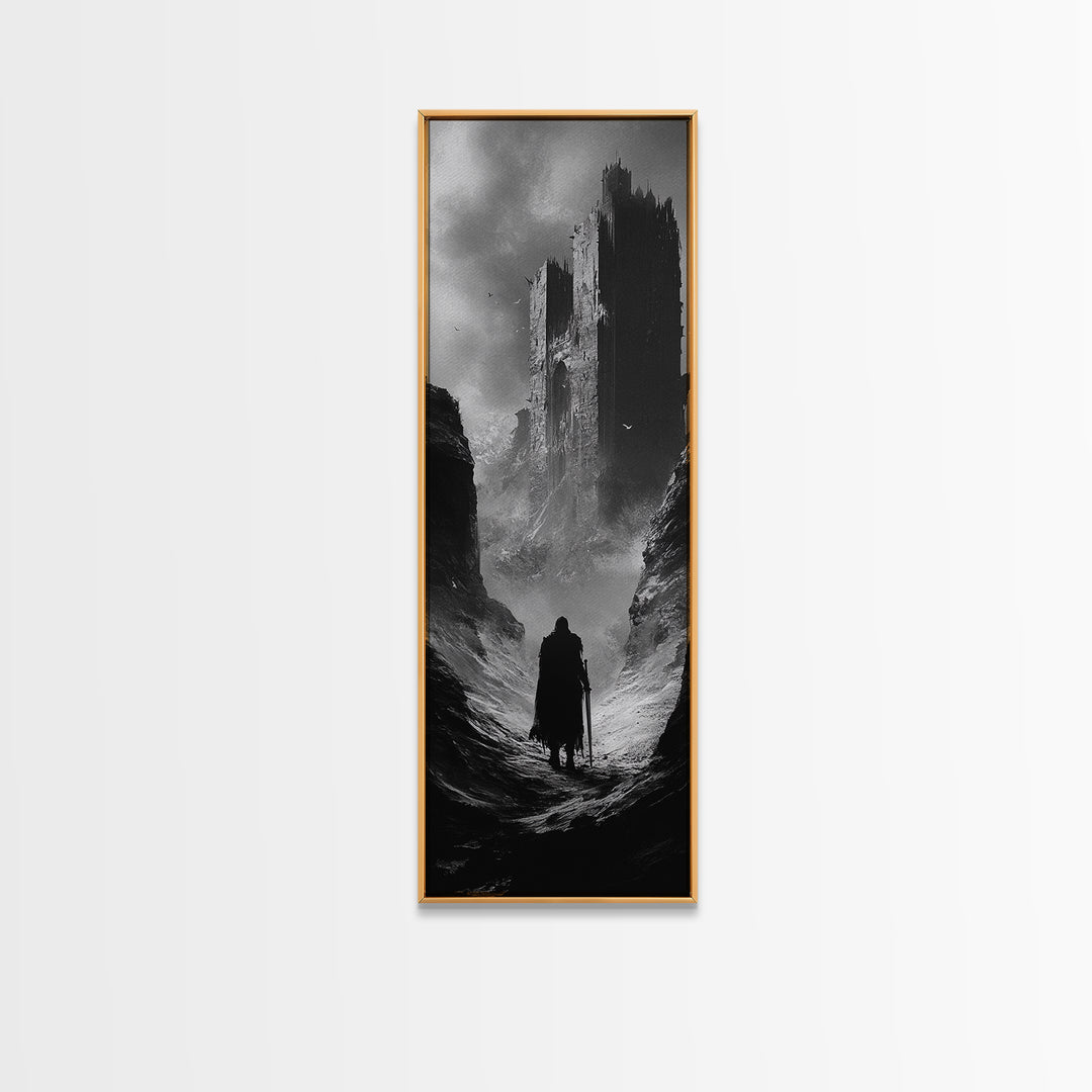 Misty Black Castle Valley With Lone Traveler Wall Art, Dark Academia Decor, Gothic Landscape, Black And White Fantasy Print