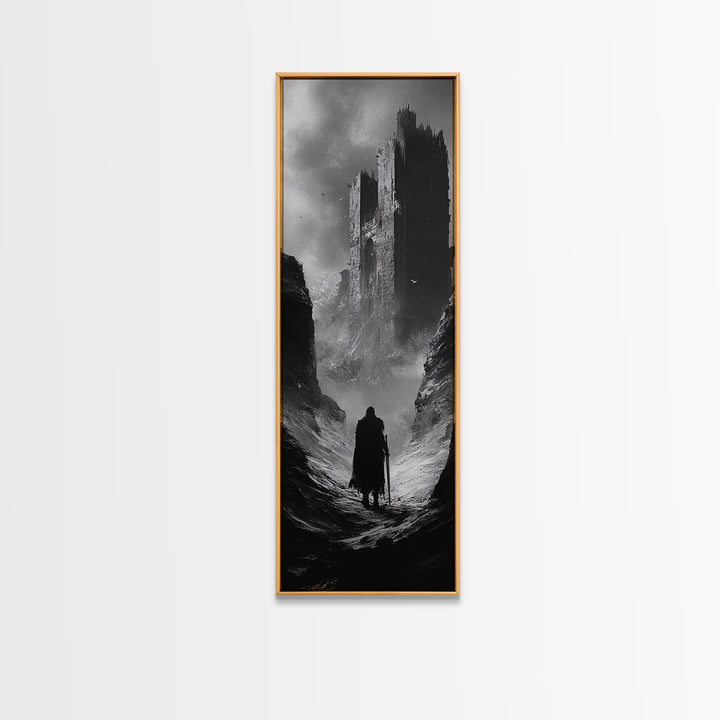 Misty Black Castle Valley With Lone Traveler Wall Art, Dark Academia Decor, Gothic Landscape, Black And White Fantasy Print