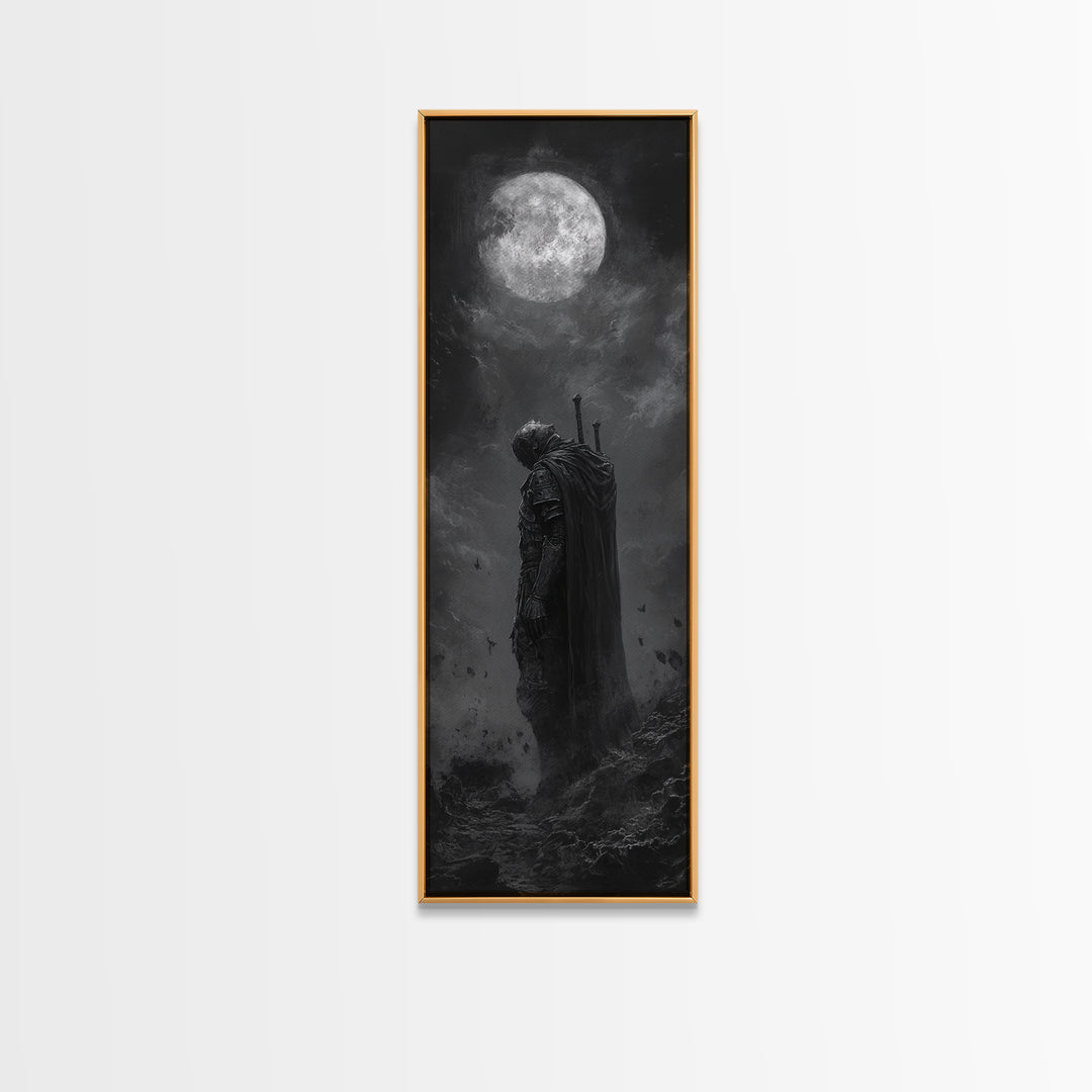 Lone Knight Beneath Full Moon Wall Art, Black And White Fantasy Art, Dark Gothic Decor, Moody Wall Art For Bedroom Canvas Print