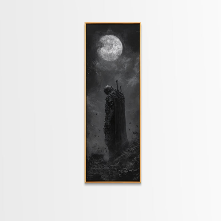 Lone Knight Beneath Full Moon Wall Art, Black And White Fantasy Art, Dark Gothic Decor, Moody Wall Art For Bedroom Canvas Print