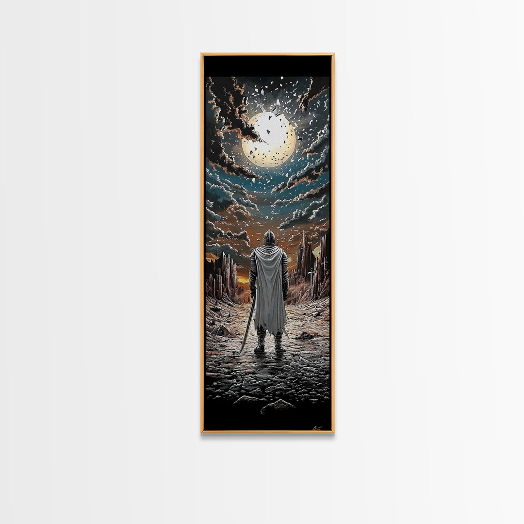 White Cloaked Knight Under Eclipse Moon Canvas Print, Fantasy Wall Art, Dark Landscape Decor, Gamer Room Wall Art Gift For Him