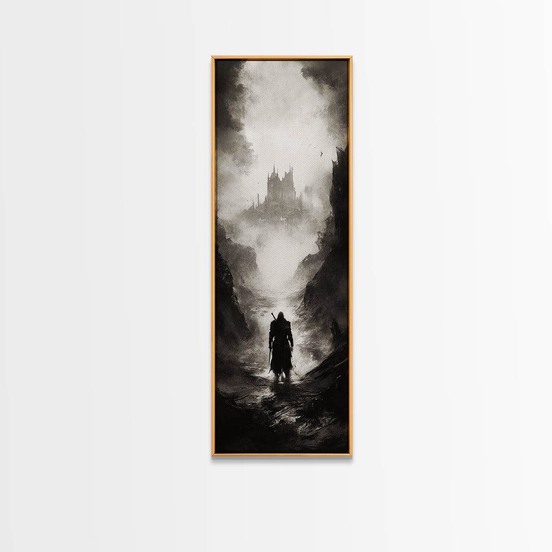 Cloaked Wanderer Approaching Misty Castle Wall Art, Dark Fantasy Print, Gothic Wall Decor, Black And White Landscape Art