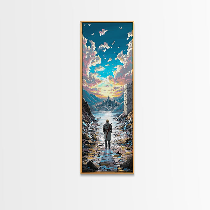 Lone Traveler In Snowy Mountain Valley, Birds And Sunset Fantasy Wall Art, Vertical Canvas Print, Nature Landscape Decor