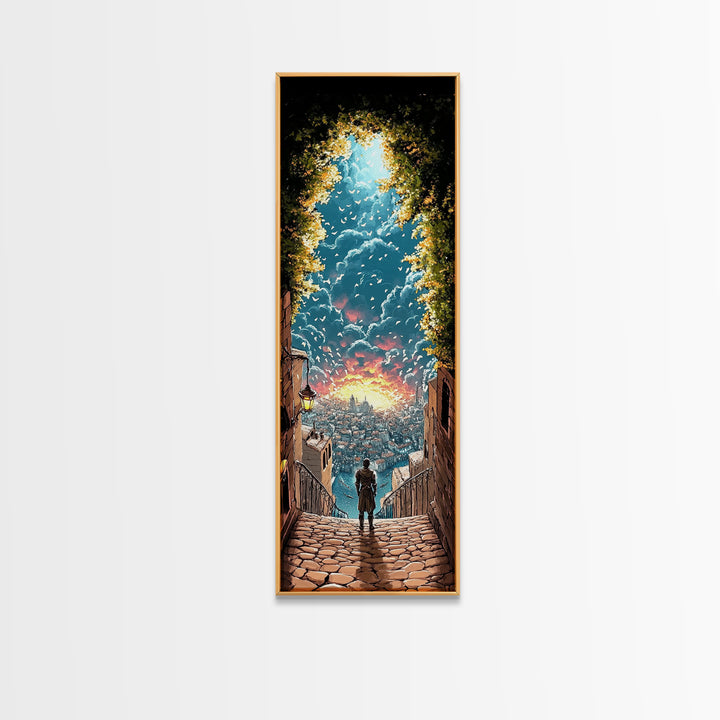 Cobblestone Stairway To Glowing Coastal City, Birds And Sunset Canvas Print, Fantasy Wall Art, Travel Inspired Home Decor