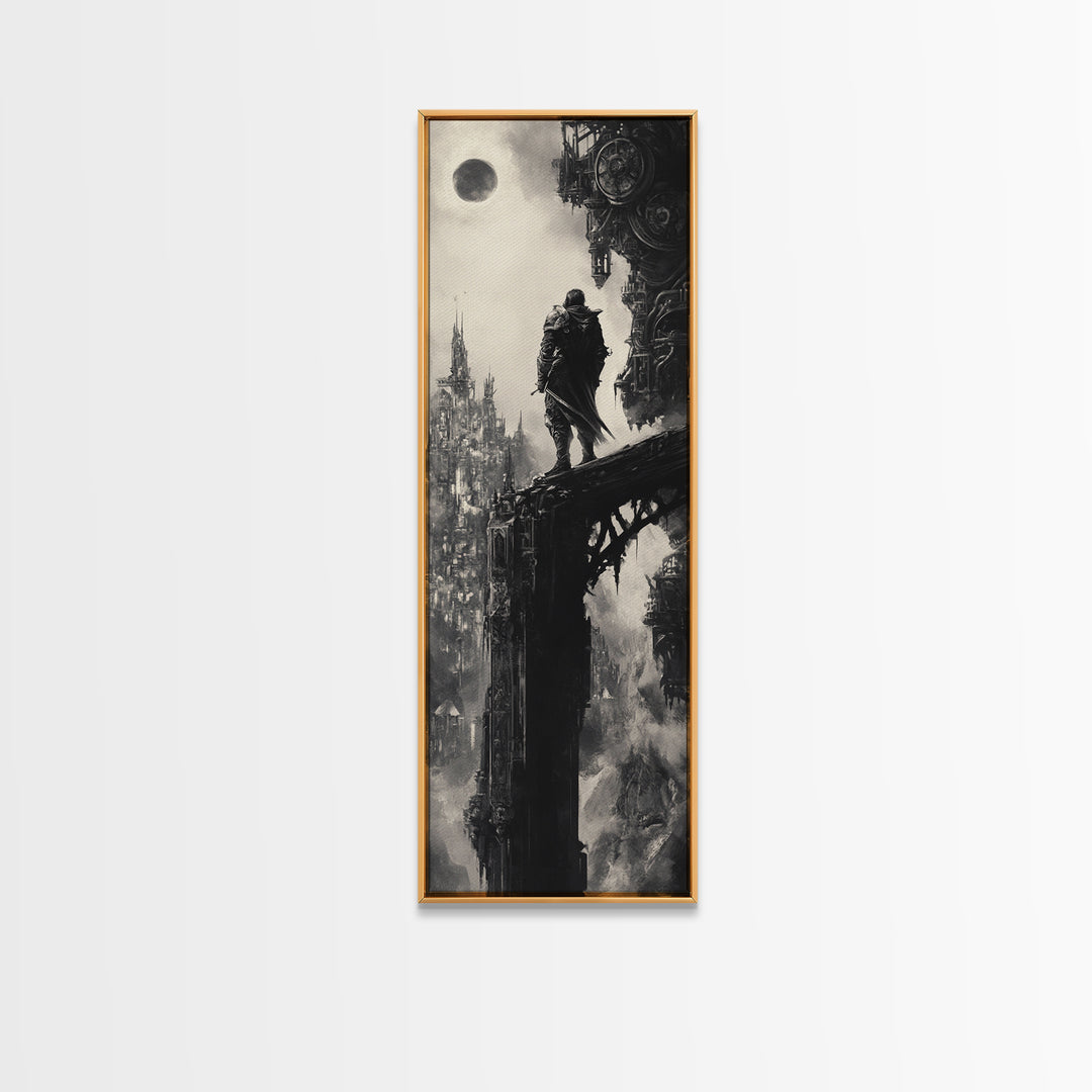 Moonlit Gothic Warrior On Shadow Bridge, Black And White Wall Art, Dark Fantasy Canvas Print, Moody Castle Office Wall Decor
