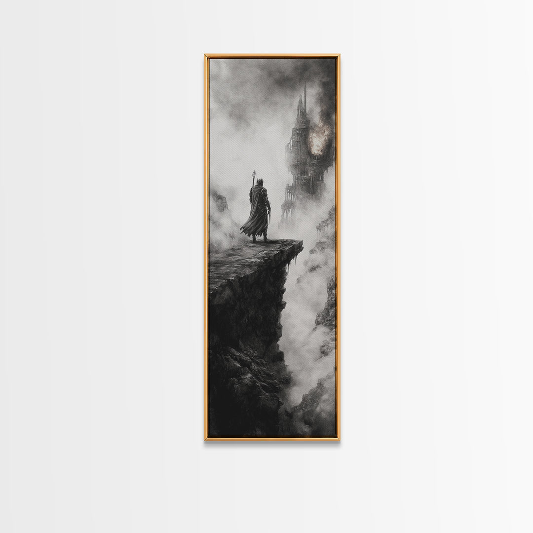 Cloaked Knight On Misty Cliff, Haunted Gothic Castle Framed Canvas Print, Black And White Wall Art, Dark Academia Room Decor