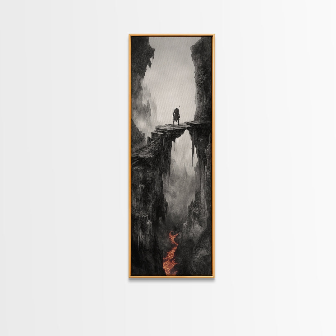 Warrior Above Lava Chasm In Dark Canyon, Black And White Wall Art, Gothic Fantasy Canvas Print, Moody Landscape Home Decor