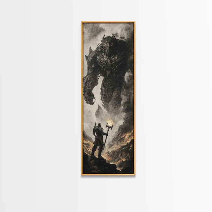Torch Bearer Facing Colossal Demon, Dark Fantasy Wall Art, Gothic Canvas Print, Dramatic Warrior Statement Artwork Home Decor