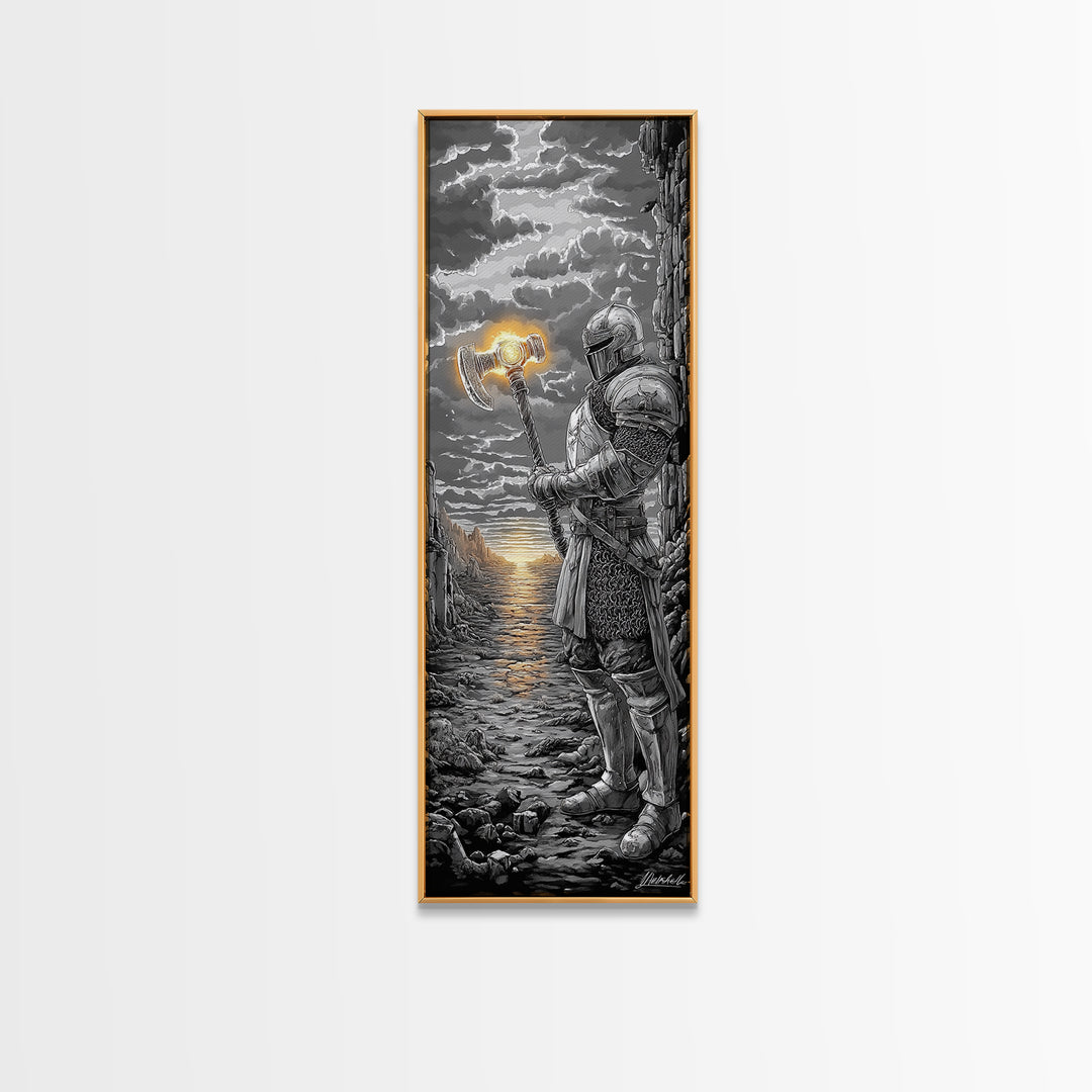 Armored Knight With Glowing Axe On Stormy Shore, Black And White Wall Art, Medieval Fantasy Canvas Print, Masculine Decor