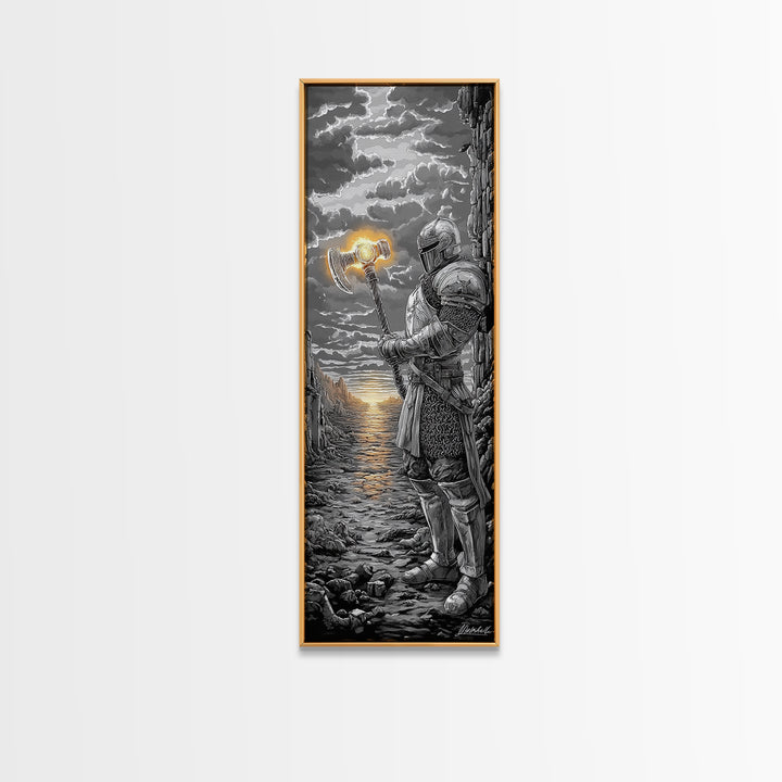 Armored Knight With Glowing Axe On Stormy Shore, Black And White Wall Art, Medieval Fantasy Canvas Print, Masculine Decor