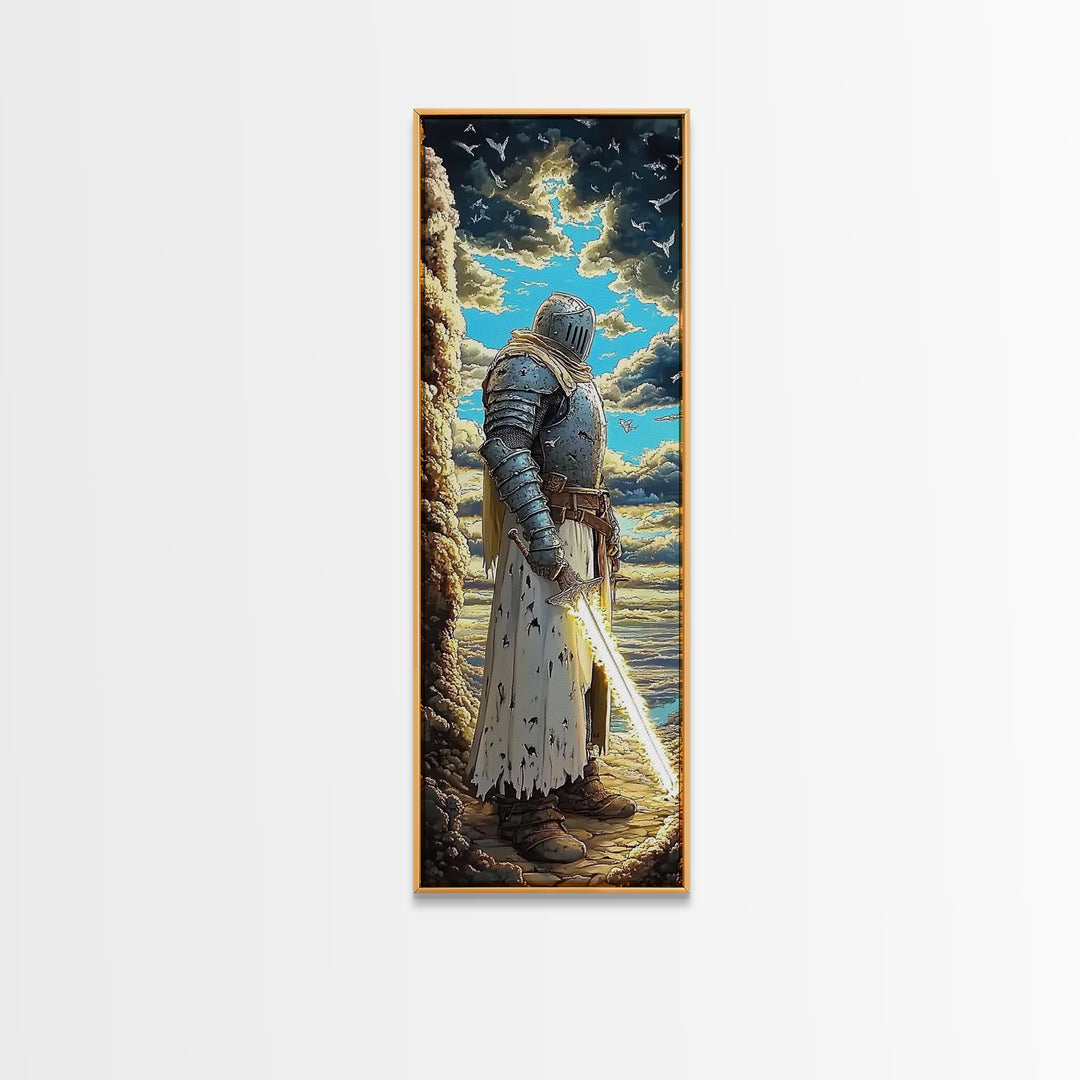 Silver Knight With Glowing Sword By Sea Cliffs, Fantasy Canvas Print, Medieval Wall Art, Dramatic Coastal Home Office Decor