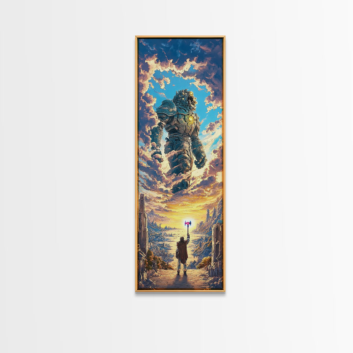 Floating Stone Giant Guardian At Sunset, Fantasy Wall Art, Large Canvas Wall Art, Epic Landscape Print, Gaming Room Decor Gift