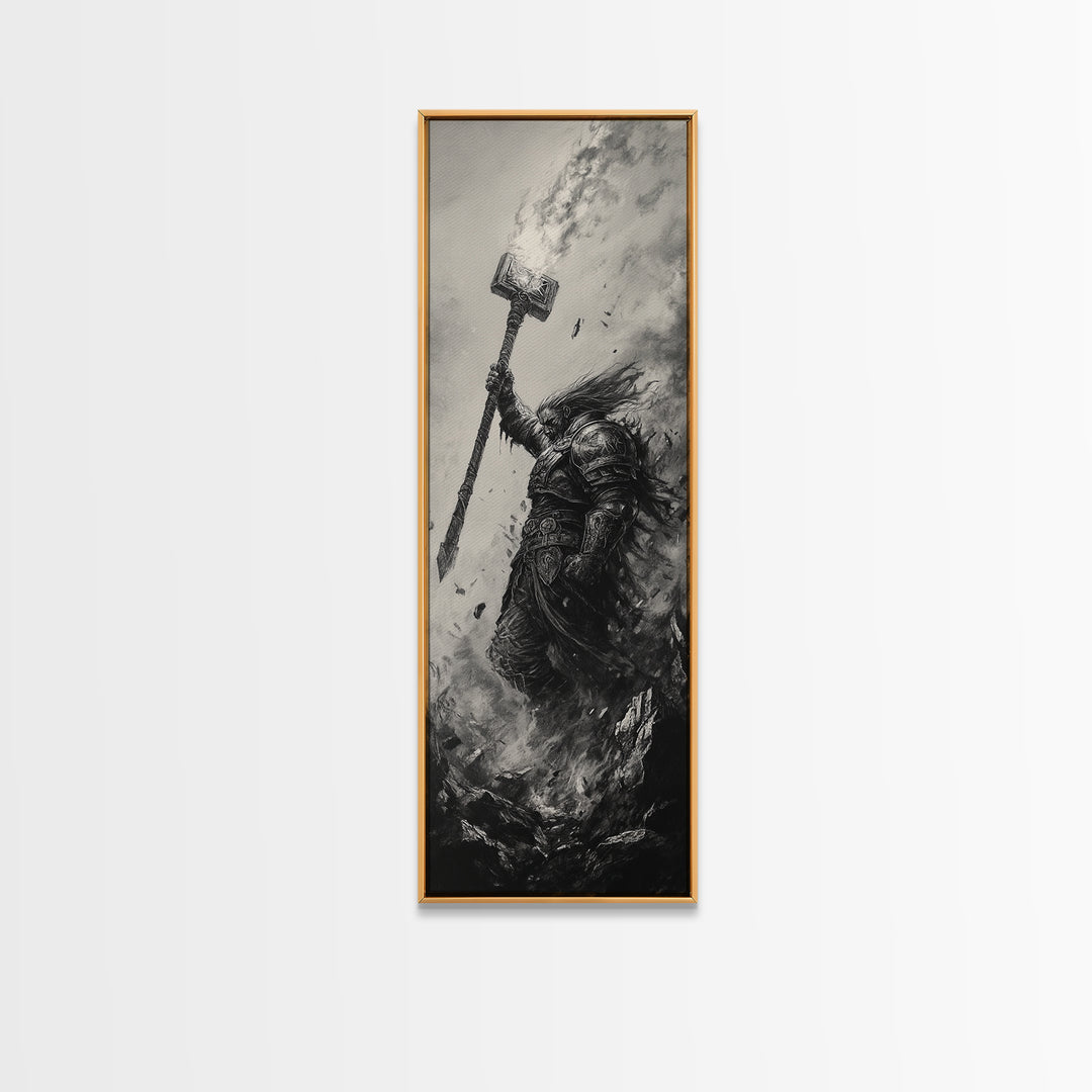 Dark Hammer Warrior In Storm, Black And White Wall Art, Gothic Fantasy Art Print, Medieval Office Decor, Gift For Him, Dark Academia Decor