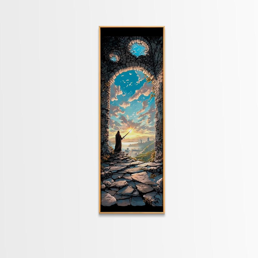 Cloaked Wizard In Ruined Archway At Sunset, Fantasy Wall Art, Medieval Landscape Print, Whimsical Office Decor Gift, Living Room Decor