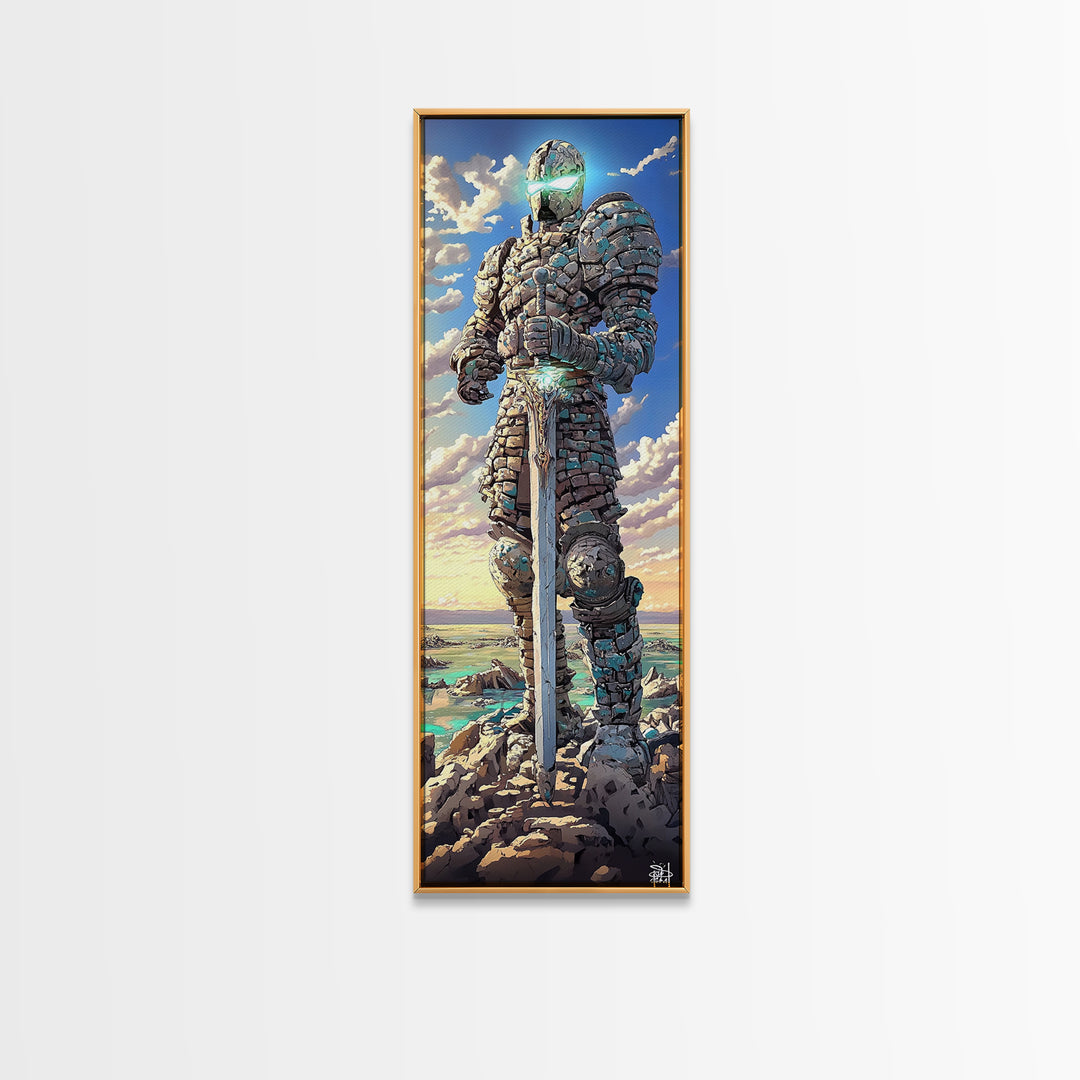 Stone Knight Guardian Holding Sword Above Ocean, Fantasy Canvas Print, Coastal Wall Art, Medieval Landscape Decor, Gift For Him