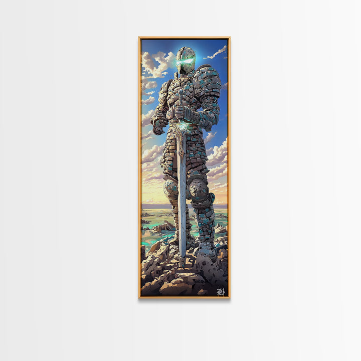 Stone Knight Guardian Holding Sword Above Ocean, Fantasy Canvas Print, Coastal Wall Art, Medieval Landscape Decor, Gift For Him