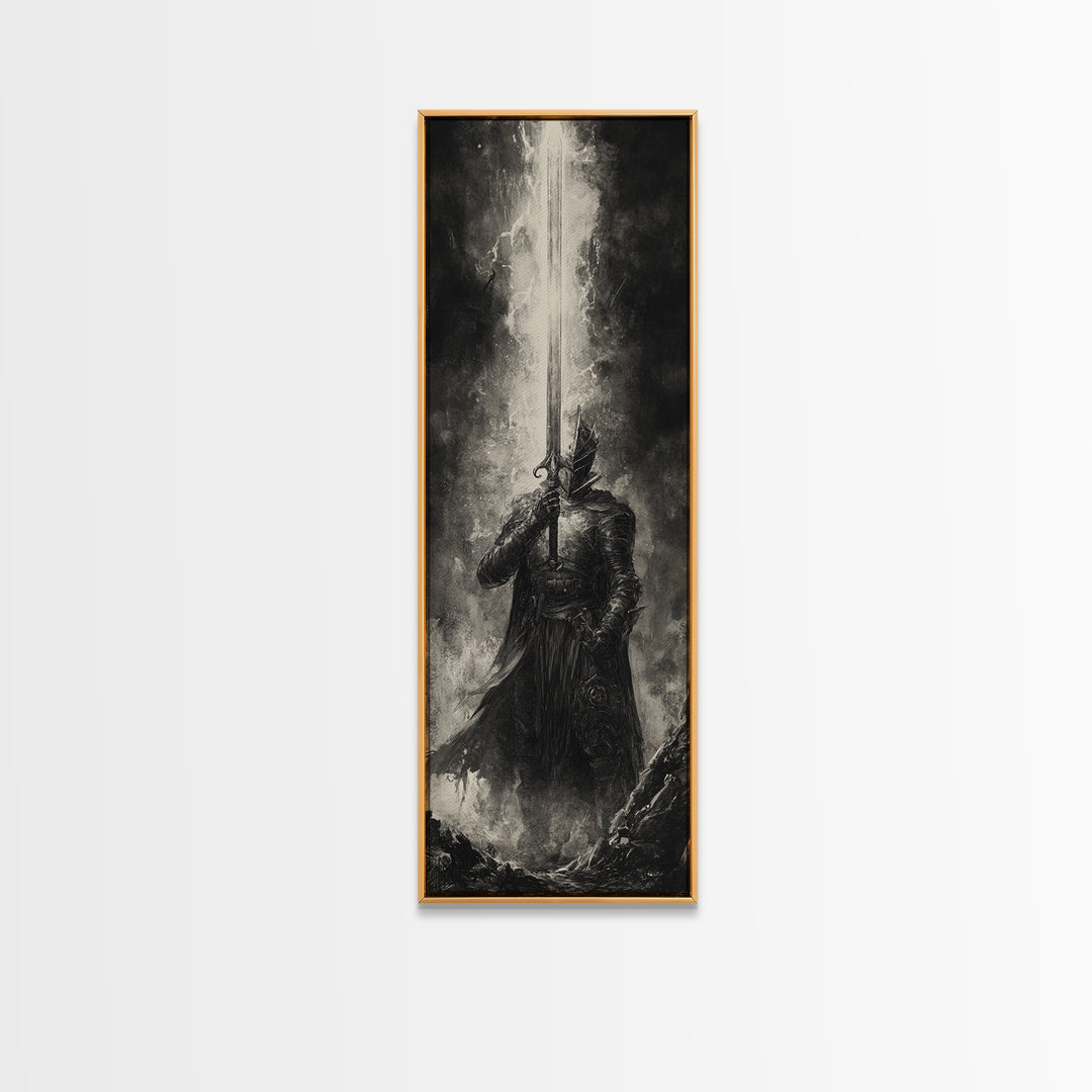 Black And White Knight With Glowing Sword, Dark Fantasy Wall Art, Gothic Canvas Print, Medieval Decor, Masculine Office Art Gift