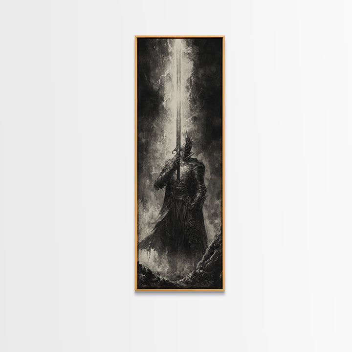 Black And White Knight With Glowing Sword, Dark Fantasy Wall Art, Gothic Canvas Print, Medieval Decor, Masculine Office Art Gift