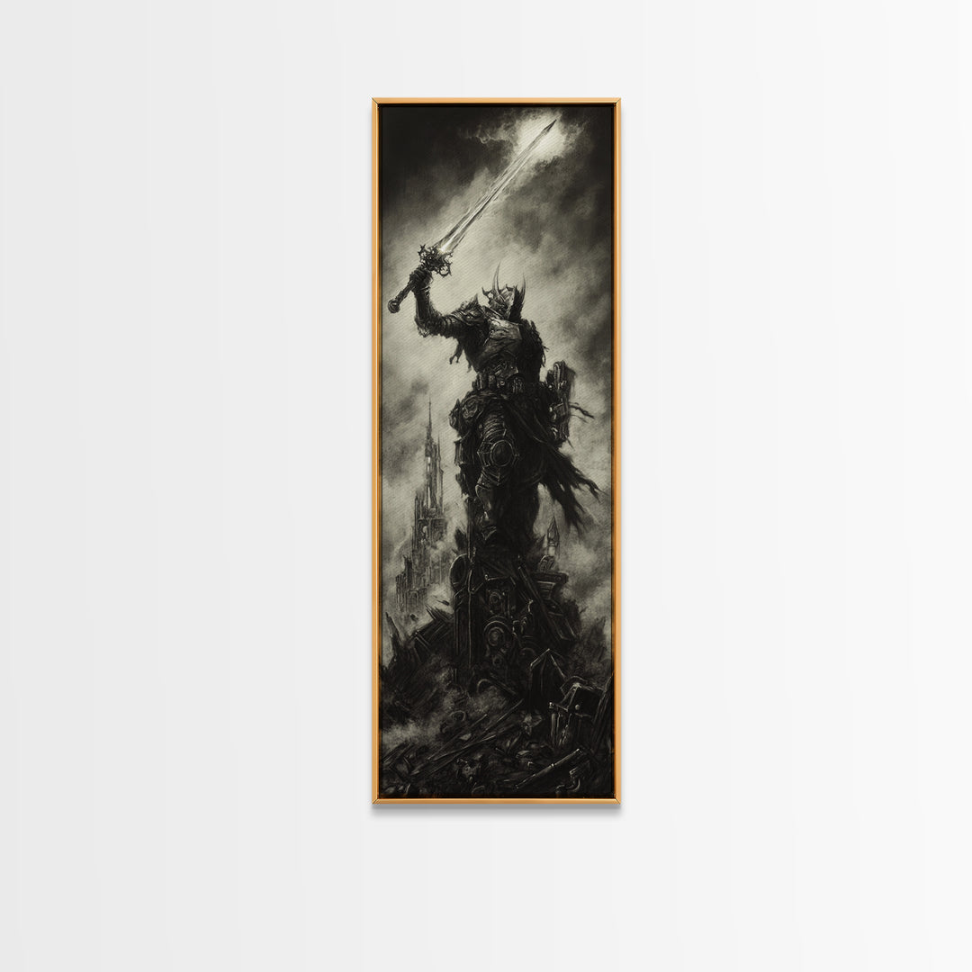 Dark Armored Warrior Raising Sword By Ruined Castle, Gothic Wall Art, Black And White Fantasy Print, Man Cave Decor Gift For Him
