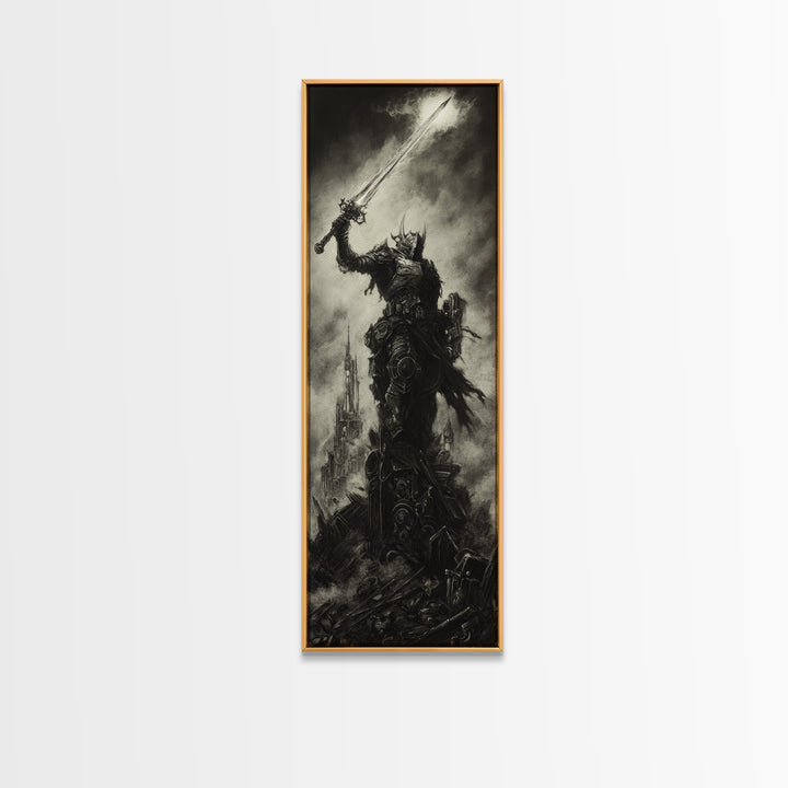 Dark Armored Warrior Raising Sword By Ruined Castle, Gothic Wall Art, Black And White Fantasy Print, Man Cave Decor Gift For Him
