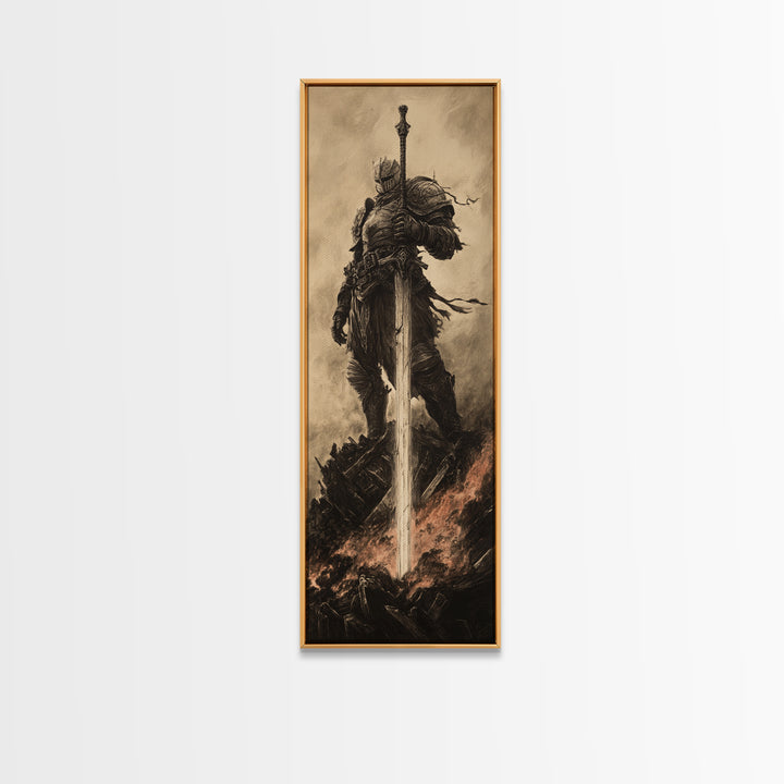 Sepia Knight Standing With Greatsword In Fire, Dark Fantasy Canvas Print, Medieval Wall Art, Gothic Office Decor Gift For Him