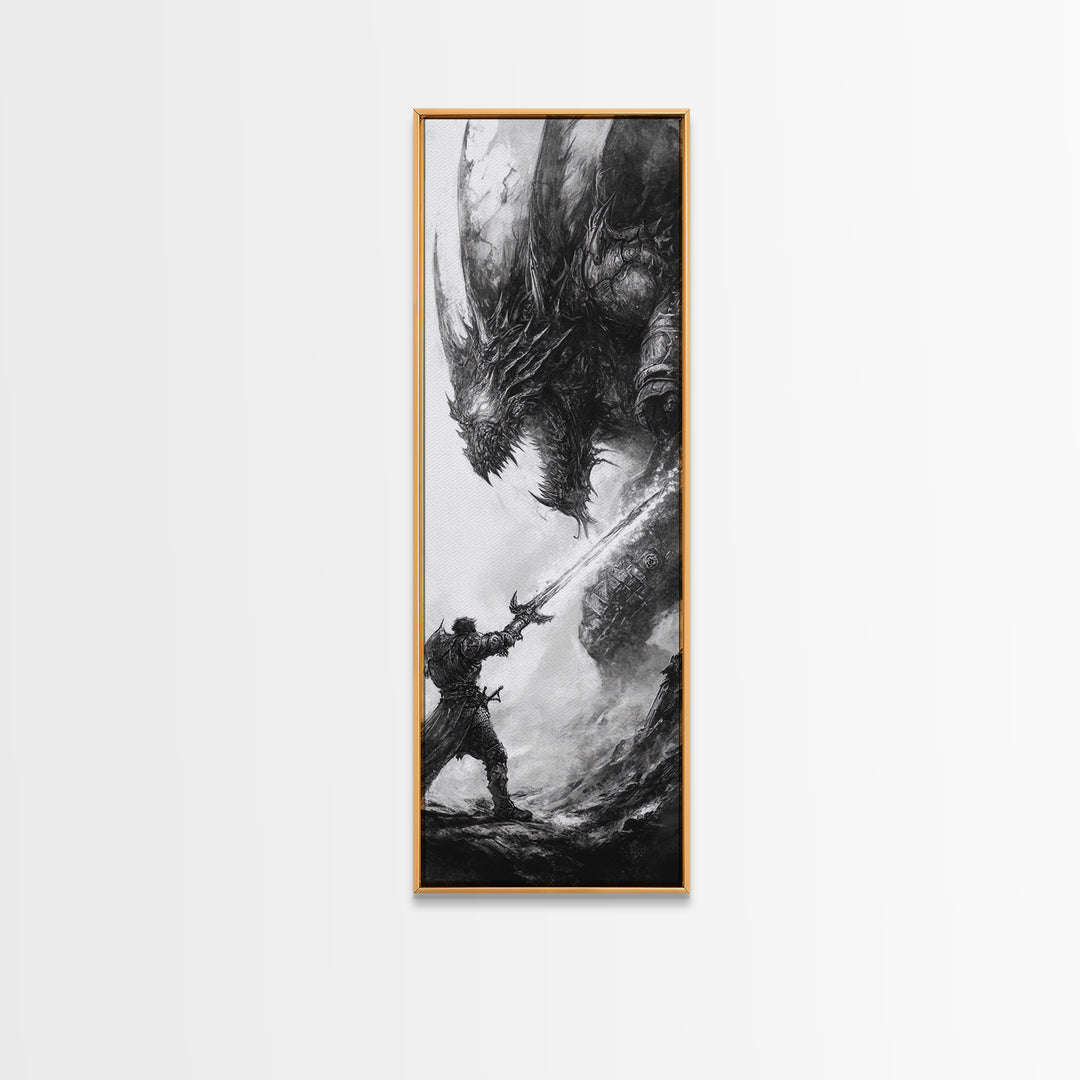 Warrior Facing Massive Dragon In Black And White, Dark Fantasy Wall Art, Gothic Canvas Print, Epic Monster Decor Gift For Him